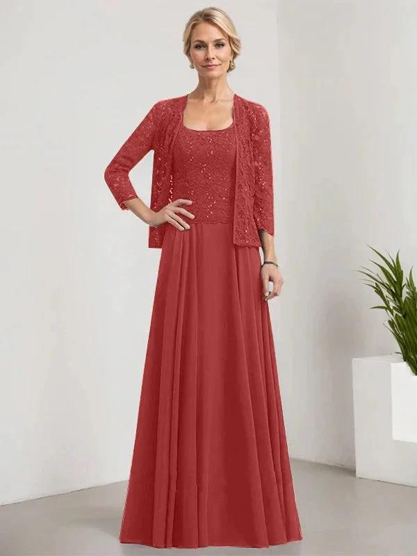A-line Square Floor-Length Lace Chiffon Mother of the Bride Dress With Sequins by Dreamylily