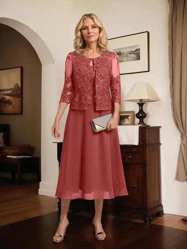 A-line Scoop Tea-Length Lace Chiffon Mother of the Bride Dress With Sequins by Dreamylily