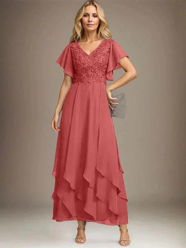 A-line V-Neck Ankle-Length Lace Chiffon Mother of the Bride Dress With Cascading Ruffles by Dreamylily