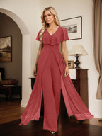 Jumpsuit/Pantsuit V-Neck Floor-Length Chiffon Evening Dress