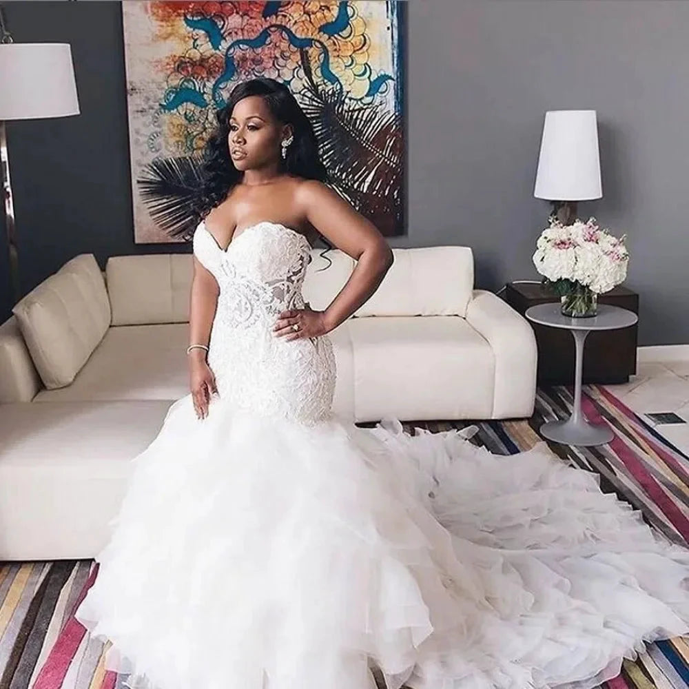 Vestidos De Novia Vintage Lace African Wedding Dresses Sweetheart Mermaid Back Lace Up Tiered Skirts Plus Size Bridal Gowns by payinti