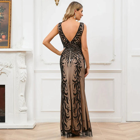 Vintage Mujer Sequins Beading Long Evening Dresses Formal Round Neck Lace Long Sexy Women Party Special Occasion