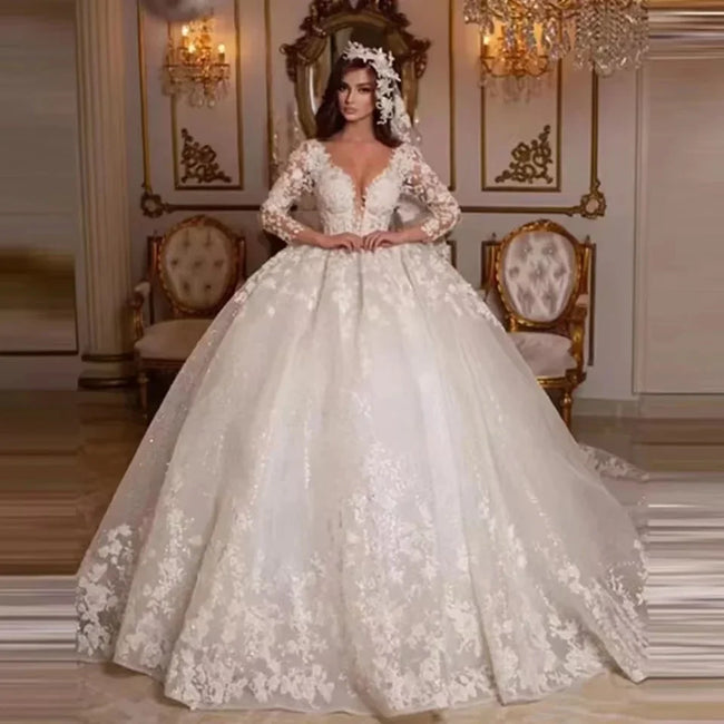 Lace Wedding Dresses Princess Ball Gown Beading Bridal Gowns Shinny Tulle Long Sleeves Ivory Dubai Marriage Dress Hover Image