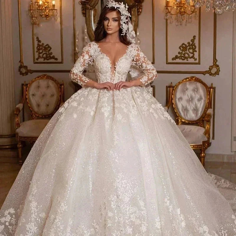 Vintage 2023 Lace Wedding Dresses Princess Ball Gown Beading Bridal Gowns Shinny Tulle Long Sleeves Ivory Dubai Marriage Dress by payinti
