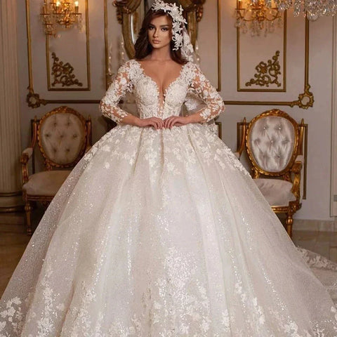 Vintage 2023 Lace Wedding Dresses Princess Ball Gown Beading Bridal Gowns Shinny Tulle Long Sleeves Ivory Dubai Marriage Dress