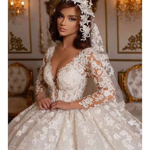 Lace Wedding Dresses Princess Ball Gown Beading Bridal Gowns Shinny Tulle Long Sleeves Ivory Dubai Marriage Dress