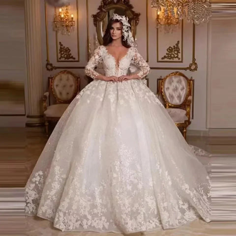 Lace Wedding Dresses Princess Ball Gown Beading Bridal Gowns Shinny Tulle Long Sleeves Ivory Dubai Marriage Dress