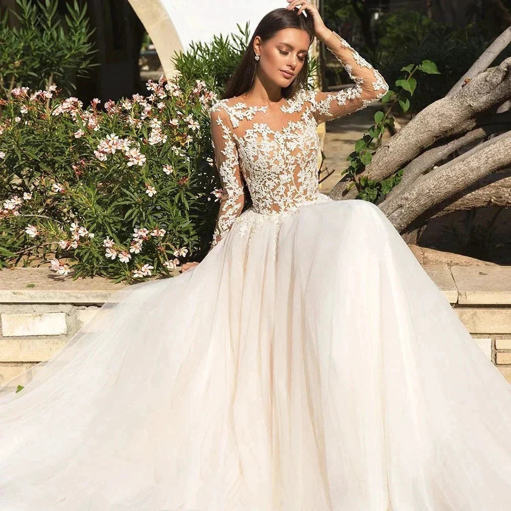 Vintage Boho Wedding Dresses For Women's Elegance 2023 Beach Princess A-Line Long Sleeves Illusion Bodices Country Bridal Gowns by payinti
