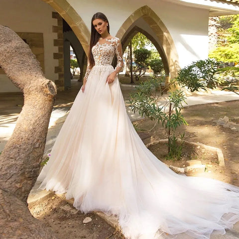 Vintage Boho Wedding Dresses For Women's Elegance 2023 Beach Princess A-Line Long Sleeves Illusion Bodices Country Bridal Gowns