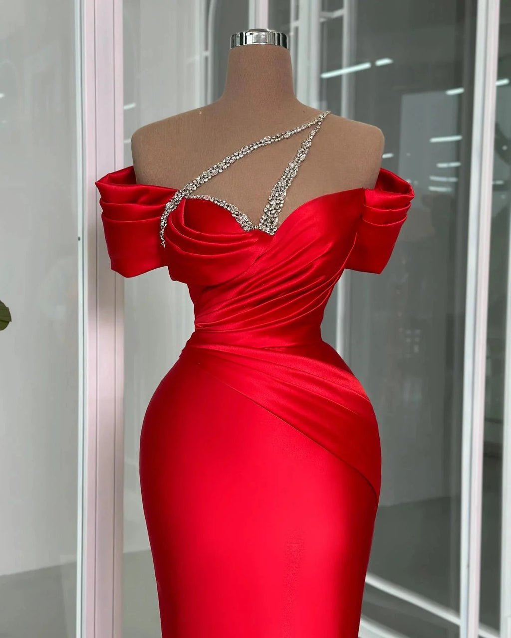 Vintage Column Off-the-shoulder Short Sleeve Beading Satin Prom Dresses by misshow.com