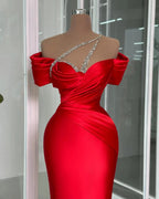 Vintage Column Off-the-shoulder Short Sleeve Beading Satin Prom Dresses by misshow.com