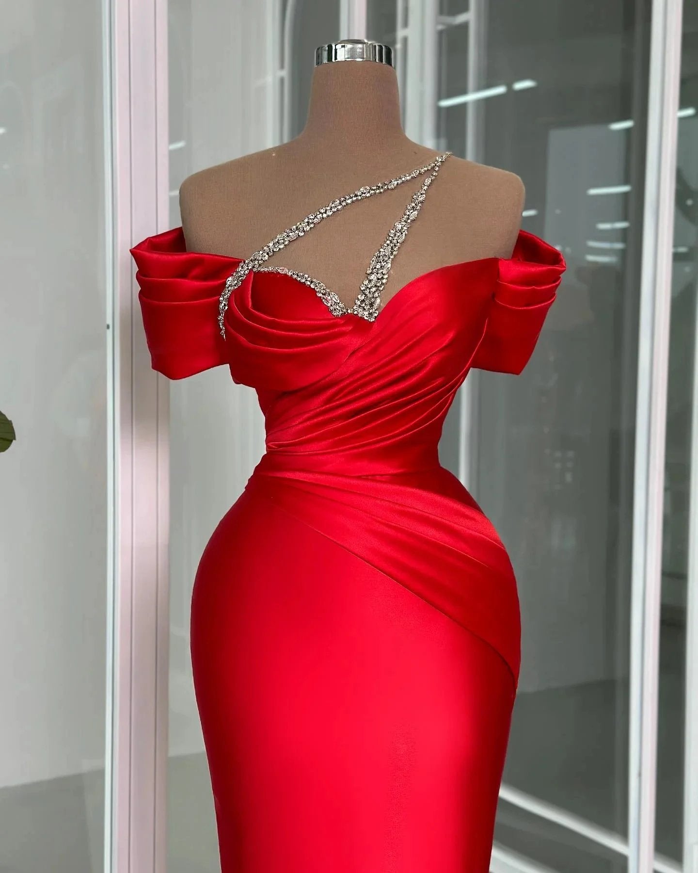 Vintage Column Off-the-shoulder Short Sleeve Beading Satin Prom Dresses by misshow.com