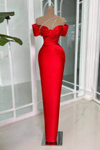 Vintage Column Off-the-shoulder Short Sleeve Beading Satin Prom Dresses by misshow.com