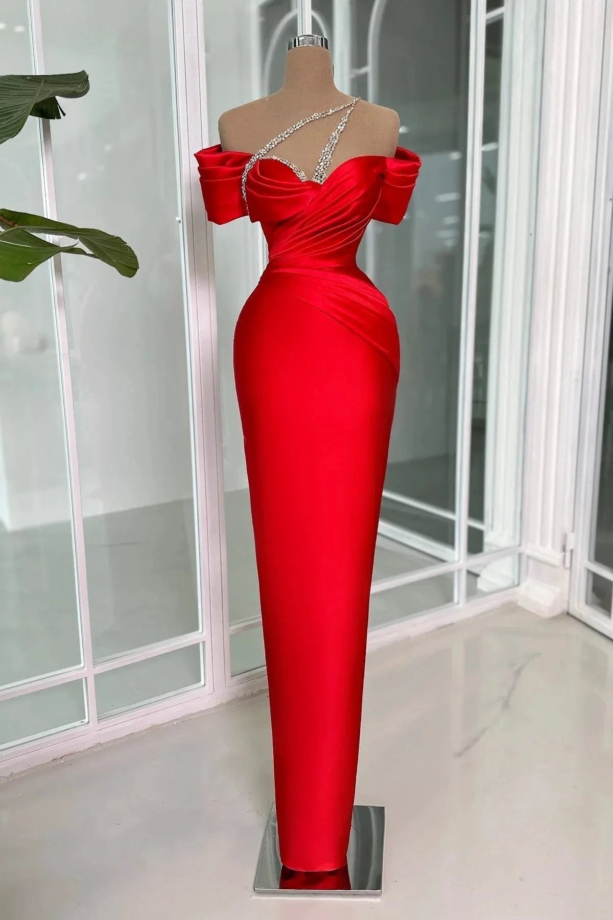 Vintage Column Off-the-shoulder Short Sleeve Beading Satin Prom Dresses by misshow.com