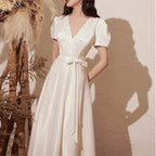 Elegant V-neck Wedding Party Dresses Belt Lace Up Slim Waist Pull Sleeve Evening Dress Simple Beading French Chic Robe by payinti