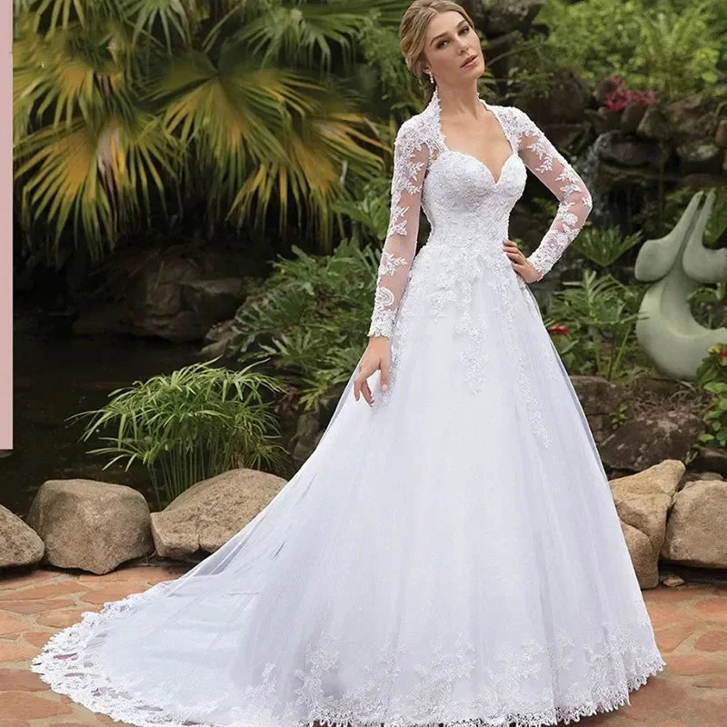 Vintage Italian white bridal dress Lace applique long sleeve tulle sweetheart Sweep Train Saudi Arabian trouw jurken dames by payinti