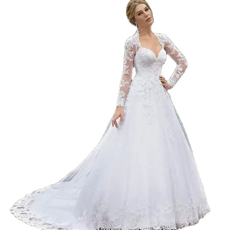 Vintage Italian white bridal dress Lace applique long sleeve tulle sweetheart Sweep Train Saudi Arabian trouw jurken dames by payinti