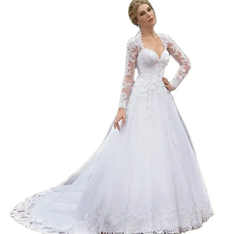 Vintage Italian white bridal dress Lace applique long sleeve tulle sweetheart Sweep Train Saudi Arabian trouw jurken dames