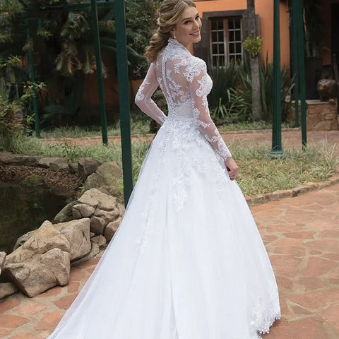 Vintage Italian white bridal dress Lace applique long sleeve tulle sweetheart Sweep Train Saudi Arabian trouw jurken dames