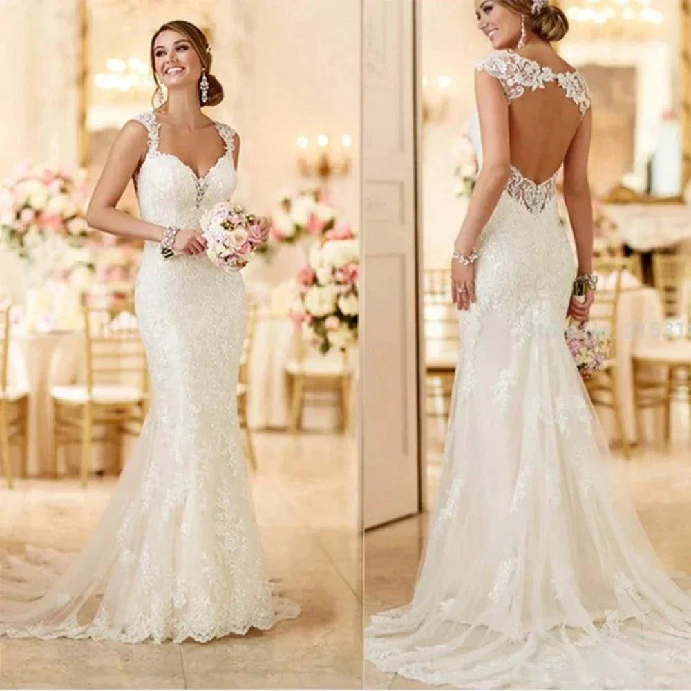 Vintage Lace Garden Wedding Dresses Sweetheart Open Back Wide Straps Mermaid Bride Wedding Gowns Long Train vestidos de novia by payinti