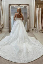 Vintage Long A-Line Lace Sleeveless Appliques Wedding Dresses with Detachable Train by misshow.com