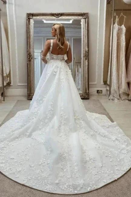 Vintage Long A-Line Lace Sleeveless Appliques Wedding Dresses with Detachable Train by misshow.com