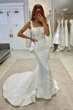 Vintage Long A-Line Lace Sleeveless Appliques Wedding Dresses with Detachable Train by misshow.com