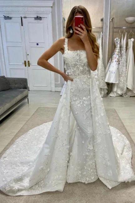 Vintage Long A-Line Lace Sleeveless Appliques Wedding Dresses with Detachable Train by misshow.com