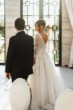 Vintage Long A-line V-neck Lace Wedding Dress with Long Sleeves by misshow.com