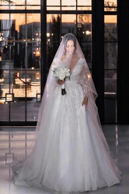 Vintage Long A-line V-neck Lace Wedding Dress with Long Sleeves by misshow.com