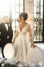 Vintage Long A-line V-neck Lace Wedding Dress with Long Sleeves by misshow.com