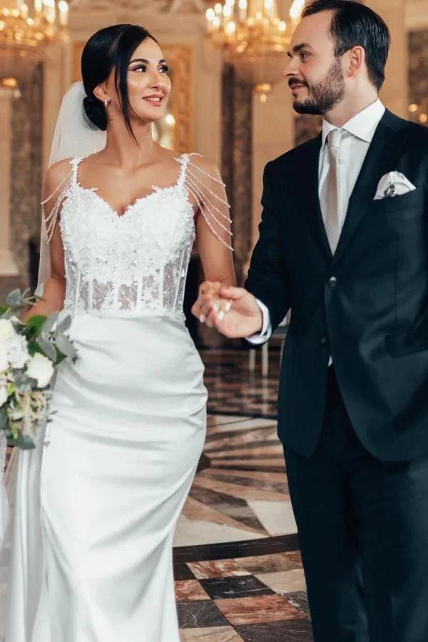 Vintage Long Mermaid Beading Sleeveless Wedding Dresses With Lace by misshow.com