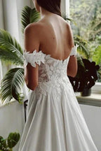 Vintage Long White A-line Off-the-shoulder Wedding Dress with Slit by misshow.com