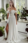 Vintage Long White A-line Off-the-shoulder Wedding Dress with Slit by misshow.com
