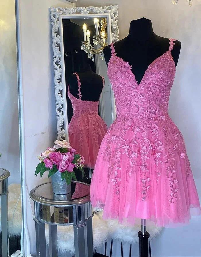Vintage Short A-line Spaghetti Straps Sleeveless Appliques Tulle Satin Homecoming Dress by misshow.com