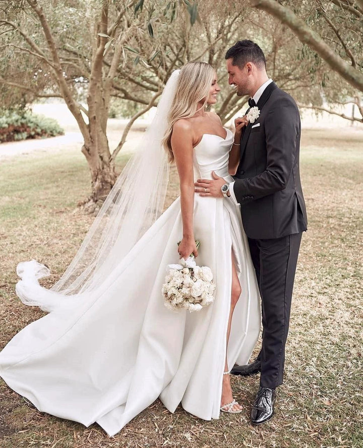 Vintage A Line Ivory Satin Beach Wedding Dress With Side Slit WD643 by pgmdress