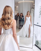 Vintage A Line Ivory Satin Beach Wedding Dress With Side Slit WD643