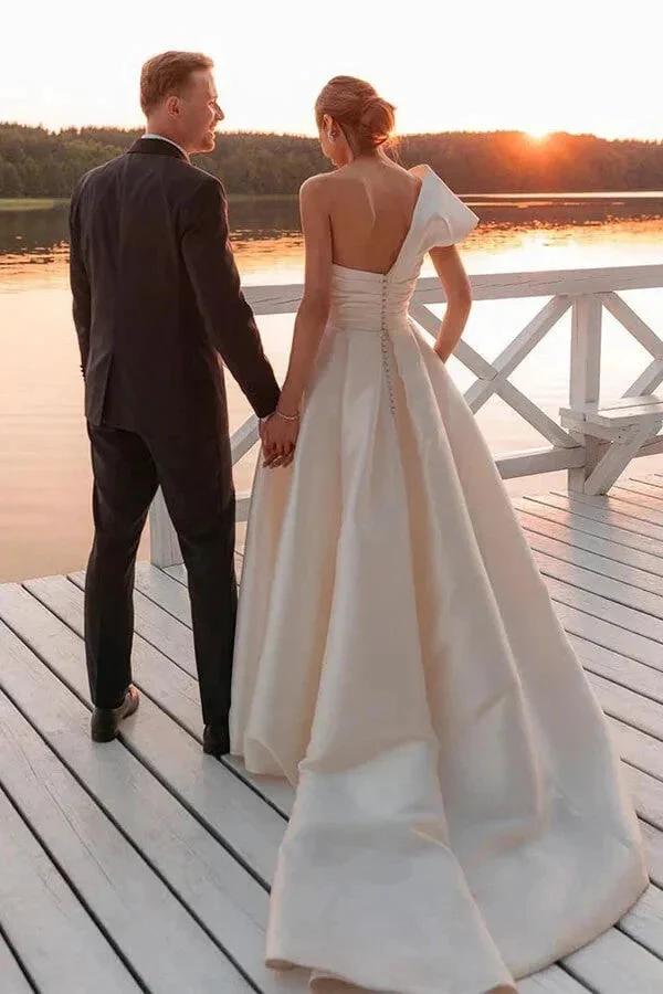Vintage Wedding Dress One Shoulder Bridal Gown With Court Train WD729 by pgmdress