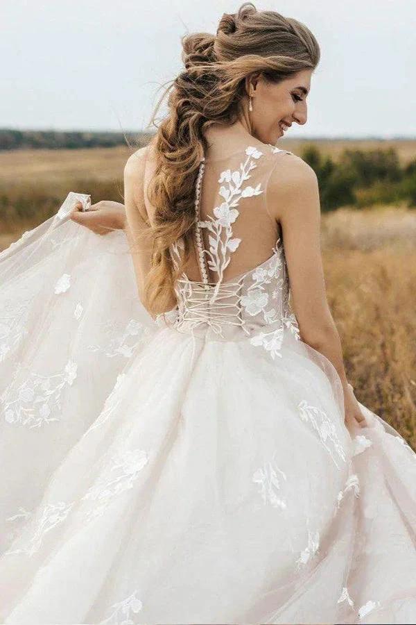 Vintage Lace Scoop Neckline A Line Tulle Wedding Bridal Dress WD531 by pgmdress