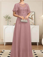 A-line Scoop Illusion Floor-Length Lace Chiffon Mother of the Bride Dress With Sequins by Dreamylily