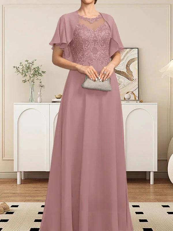 A-line Scoop Illusion Floor-Length Lace Chiffon Mother of the Bride Dress With Sequins by Dreamylily