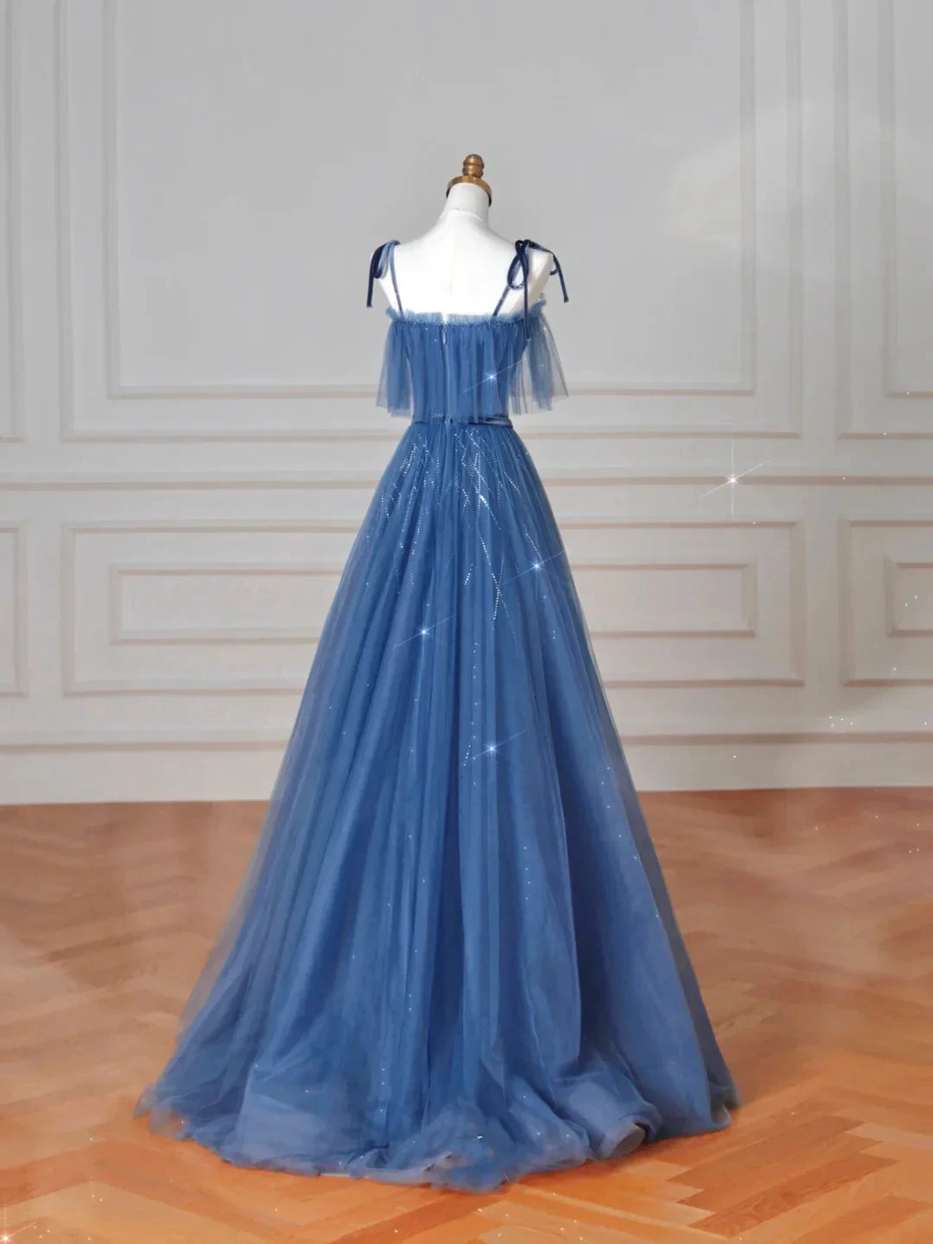 Pretty Blue Spaghetti Straps Tulle Sequins A Line Prom Dress Evening Dress Y8634 by simplepromdress