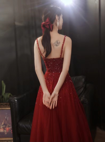 New elegant red classy sleeveless spaghetti strap party dress heavy bead evening dress Y816
