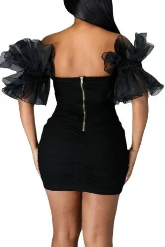 Women Sexy Puff Sleeve Ruffles Dress Mesh Off Shoulder Mini Party Dress Short Black Homecoming Dress Y786 by simplepromdress