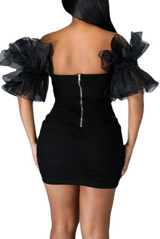 Women Sexy Puff Sleeve Ruffles Dress Mesh Off Shoulder Mini Party Dress Short Black Homecoming Dress Y786