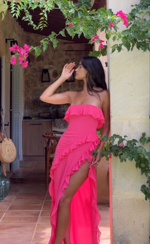 Charming Hot Pink Chiffon Ruffle Evening Dress Slit Strapless Prom Dress Y8081