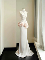 Elegant Light Pink Satin Lace Sequin Beaded Evening Dress Slit Mermaid Prom Dress Y8672 by simplepromdress