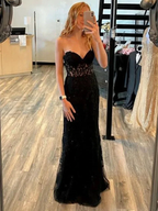 Mermaid Open Back Black Lace Long Prom Dresses, Strapless Black Formal Dresses, Black Lace Evening Dresses Y1794 by simplepromdress