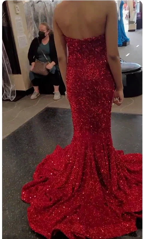 Sweetheart Mermaid Prom Dress Red Sequins Evening Dress Shiny Party Dress Y274 by simplepromdress