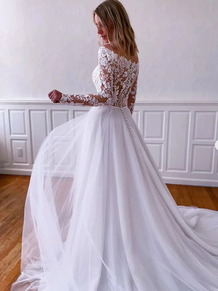 White lace tulle long prom dress, white lace tulle evening dress Y251 by simplepromdress